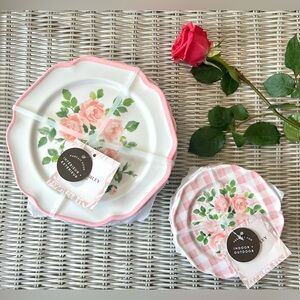 Primrose Floral Pink and White Melamine Dinnerware Set Outdoor Dining Tea Party